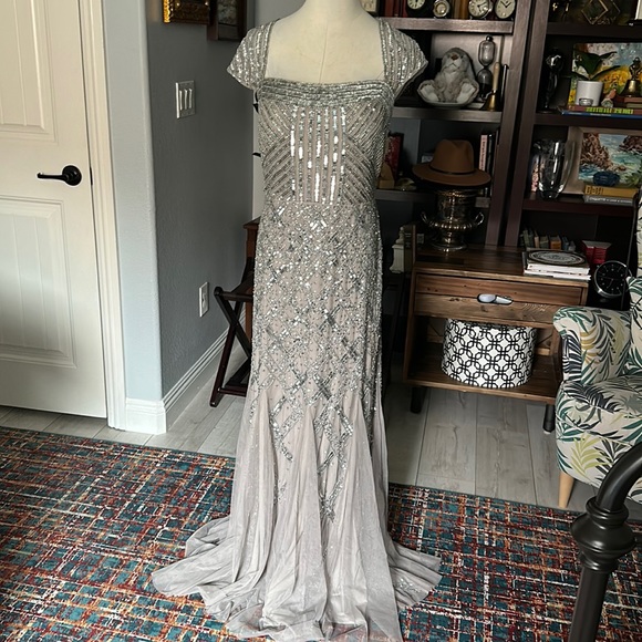 NWT Adrianna Papell Cap Sleeve Beaded Silver / Grey Dress sz 14 - Picture 1 of 9